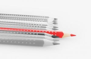 The red pencil stands out from the rest because it is original.