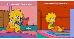 Extroverts in Quarantine –Lisa Simpson unhappy, holding knees– Vs Introverts in Quarantine –Lisa Simpson happy, drinking soda