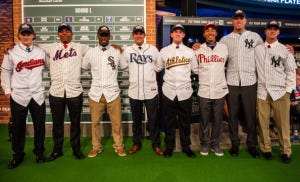 NEW YORK, NY - JUNE 6:  (L-R) Clint Frazier, Dominic Smith, Tim Anderson, Nicholas Ciuffo, Billy McKinney, J.P. Crawford, Aaron Judge, and Ian Clarkin pose for a group photo during the 2013 First-Year Player Draft at MLB Network's Studio 42 on June 6, 2013 in Secaucus, New Jersey. (Photo by Paige Calamari/MLB Photos via Getty Images)