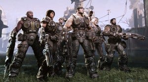 Main characters in Gears of War 3. Normative character up front in hero pose.