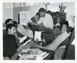 Black students hold a “study-in” in the anteroom outside President Knight’s office on November 13, 1967 (Duke University Arch