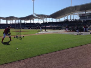 Will Middlebrooks working before today's game with Maine native Brian Butterfield.