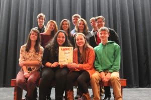 MATT SCHICKLING / WIRE PHOTO Students at Hatboro-Horsham high School rehearse for "Addict," a 30-year-old play originally performed with 1980s-era drug culture in mind. An extensive rewrite by English teacher and Thatre Club adviser Kristin Hannings gives the play a more modern theme.