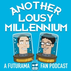 Podcast cover art: two hosts animated with their heads in jars, on a sky blue background with podcast title above them