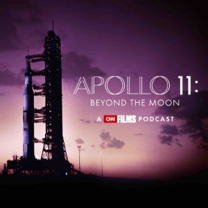 Podcast cover art: the Apollo rocket to the far left, backlit by a setting sun in purplish and peach tones.