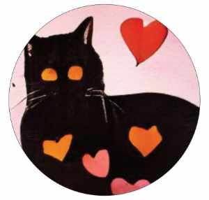 A bad AI-generated image of an ugly cat surrounded by red and orange hearts against a flat pink background