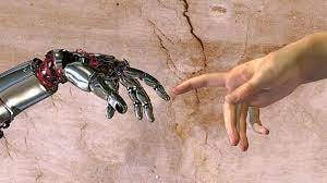 Image of a robotic hand reaching out to God’s hand from the Cistine chapel ceiling from the cover of Changing Hands