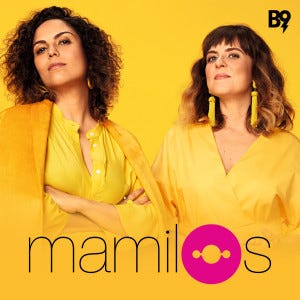 Cover art: two brunette women dressed in yellow, with “Mamilos” overlaid in black, with a pink “O”