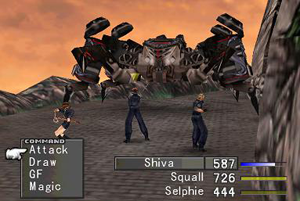 A still from a battle sequence in Final Fantasy VIII (1999) showing three user characters fighting a metallic beast in a turn-based combat system.