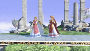 Zelda performing Nayru’s Love in Super Smash. It looks like she’s surrounded by mirrors. So I thought that would be a neat visual for this context.