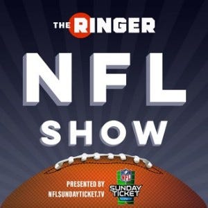 A football lies visible at the bottom, with the podcast title (The Ringer NFL Show) in white on a navy background.