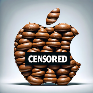A image of the Apple logo filled with poop emojis and the word “Censored” across it.