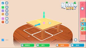 An custom interface where there is a table in the middle of the screen, able to be moved in a 3d space. There is a selection menu on the right side of the screen, and a options for the object on the right side, with “Hokko Life” logo in the upper right