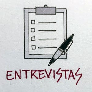 Desenho de um caderno e caneta. Título: Entrevistas.