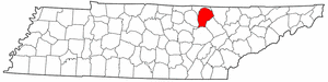 An image from Wikimedia commons showing the state of Tennessee with the county of Fentress highlighted.