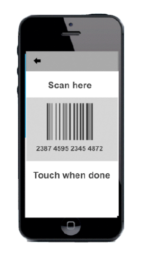 Desenho de interface de aplicativo de celular em branco e preto com código de barras ao centro