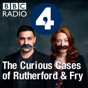 Podcast cover art: the two hosts in front of a slate grey background, each with a cartoonish mustache, with title above