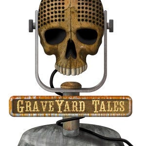 A skull with its head in a vice, with the podcast title “Graveyard Tales” below it in brown and tan.