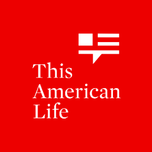 podcast title, This American Life, in white over a red background; above it a speech bubble in the shape of the US flag