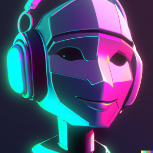 A blue and pink image of a robot wearing headphones