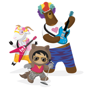 Trailhead characters Cloudy, Codey, and Astro in a band dressed for a music festival.