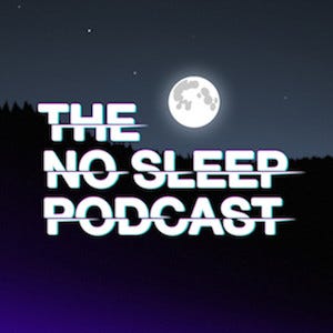 “Skipping” text of “The No Sleep Podcast” over a lake scene with a full moon