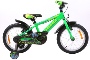 Children’s green bike with training wheels
