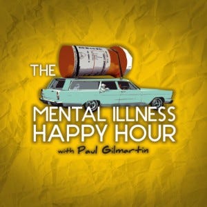 A station wagon with a pill bottle strapped to its roof over a mustard background with the podcast title laid over in white.