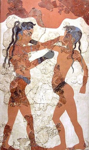 Two Minoan boxers competing in Ancient Greece, 1500 BC.