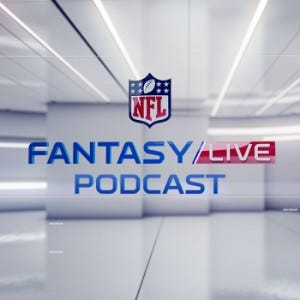 The NFL logo and podcast title are written in red and blue over a futuristic white background with fluorescent lighting.