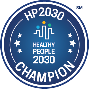 A navy blue circle reading Health People 2030 across the middle with stars and the HP2030 Champion words.