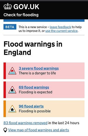 Flood Information Service summary from GOV.UK showing 3 severe flood warnings and 69 flood warnings in force.