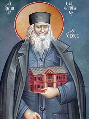 Eastern Orthodox icon of a bearded man with a halo holding a miniature building