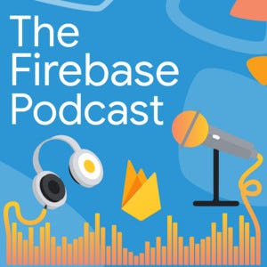 Firebase Podcast Logo: mic with headphones where the cables form a waveform below the Firebase flame logo