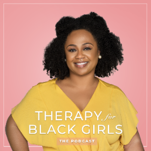 Podcast host Joy Bradford Harden over a pink background, with podcast title “Therapy for Black Girls” overlaid