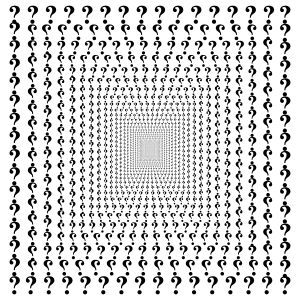 Graphic of question marks leading to a point in the distance.