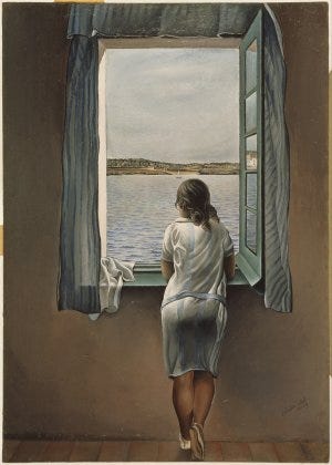 The famous Salvador Dali painting, where a girl is standing at the window viewing the ocean.