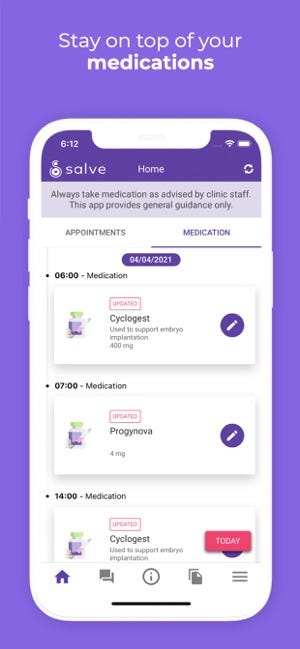 A screenshot of a screen in an app, showing medications that need to be taken at certain times.