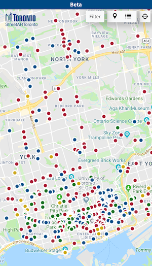 Screenshot of the mobile version of the StreetARToronto web map displaying street art locations.