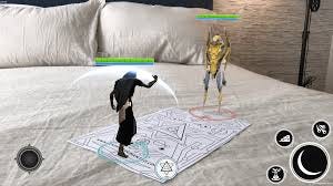 Two characters in a mobile game fighting on a bed in augmented reality