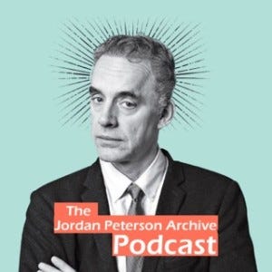 Black and white photo of Jordan Peterson on a sea foam green background, with “The Jordan Peterson Archive podcast” over him.