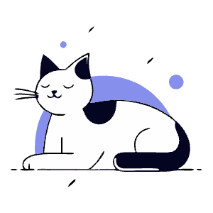 A minimalist illustration of a white cat with black ears and tail, sitting on a white surface.