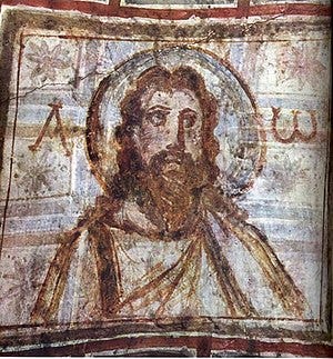 Bearded Christ, from catacombs of Commodilla, One of the first bearded images of Jesus, late 4th century.-Wikkipedia.com