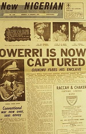 An old newspaper announcing the turning point in the Nigerian Civil War: “Owerri is Now Captured: Ojukwu flees his enclave.”
