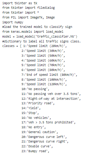 A snippet shows the dictionary to label all traffic sign class.