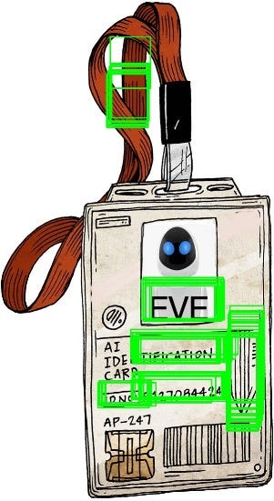 an ID badge with EVE written on it and multiple bounding boxes