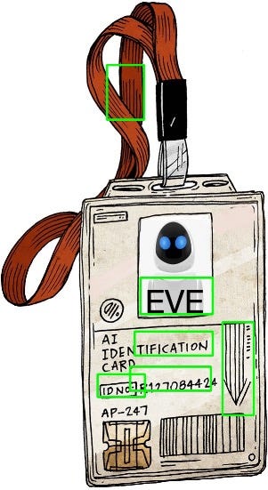 an ID with “EVE” written on it with multiple bounding boxes