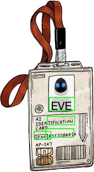 an ID card with “EVE” written on it with multiple bounding boxes