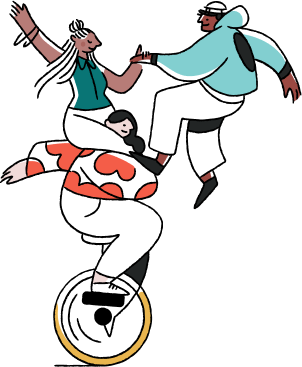 An illustration of 3 people riding a unicycle, symbolizing teamwork.