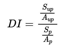 a formula with DI equal to the ratio of successes of the underprivileged group to all in the underprivileged group divided by the ratio of the successes in the privileged group to all in the privileged group